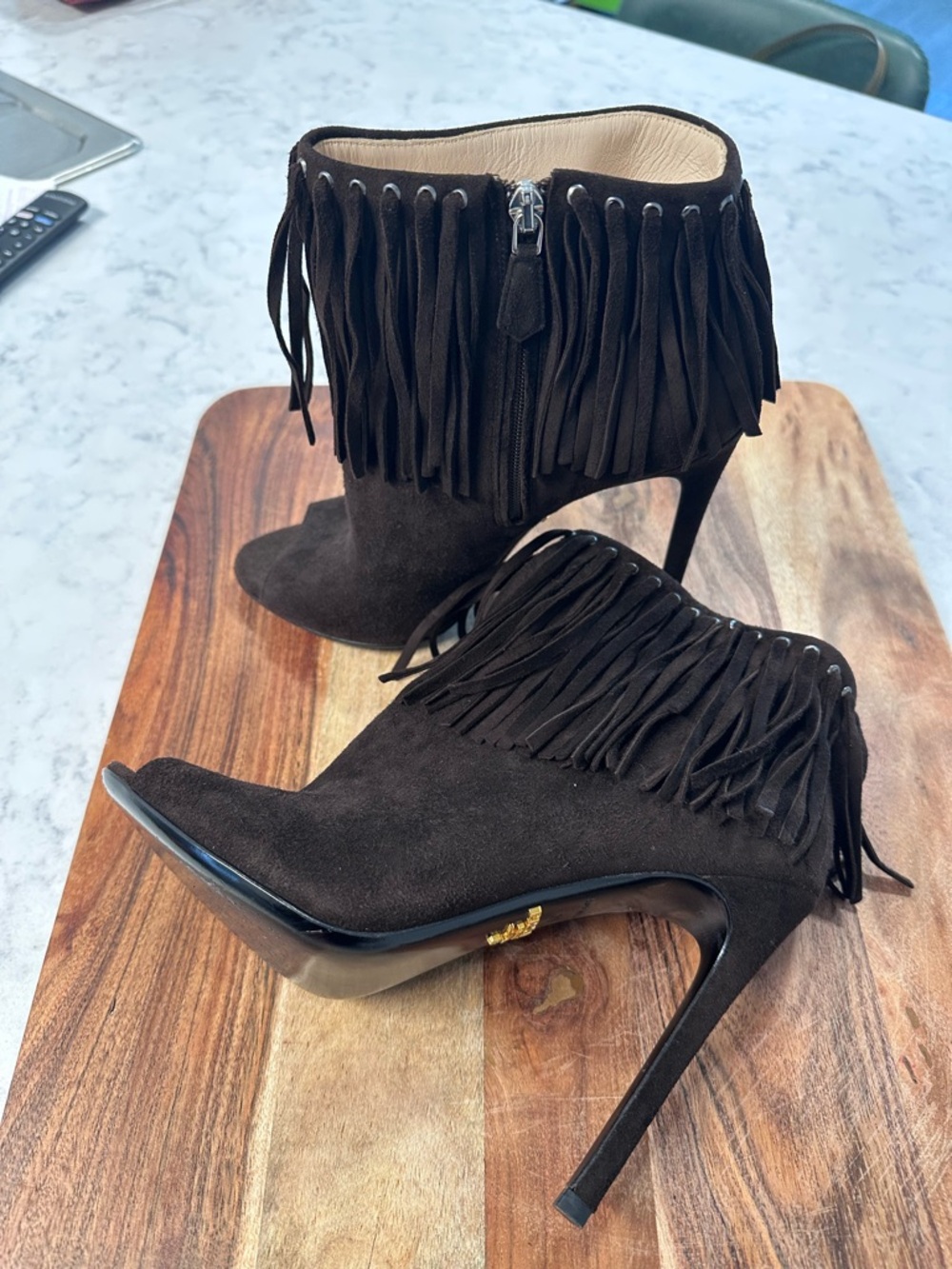 Prada Brown Fringe Peep-Toe Ankle Booties - Picture 4 of 6